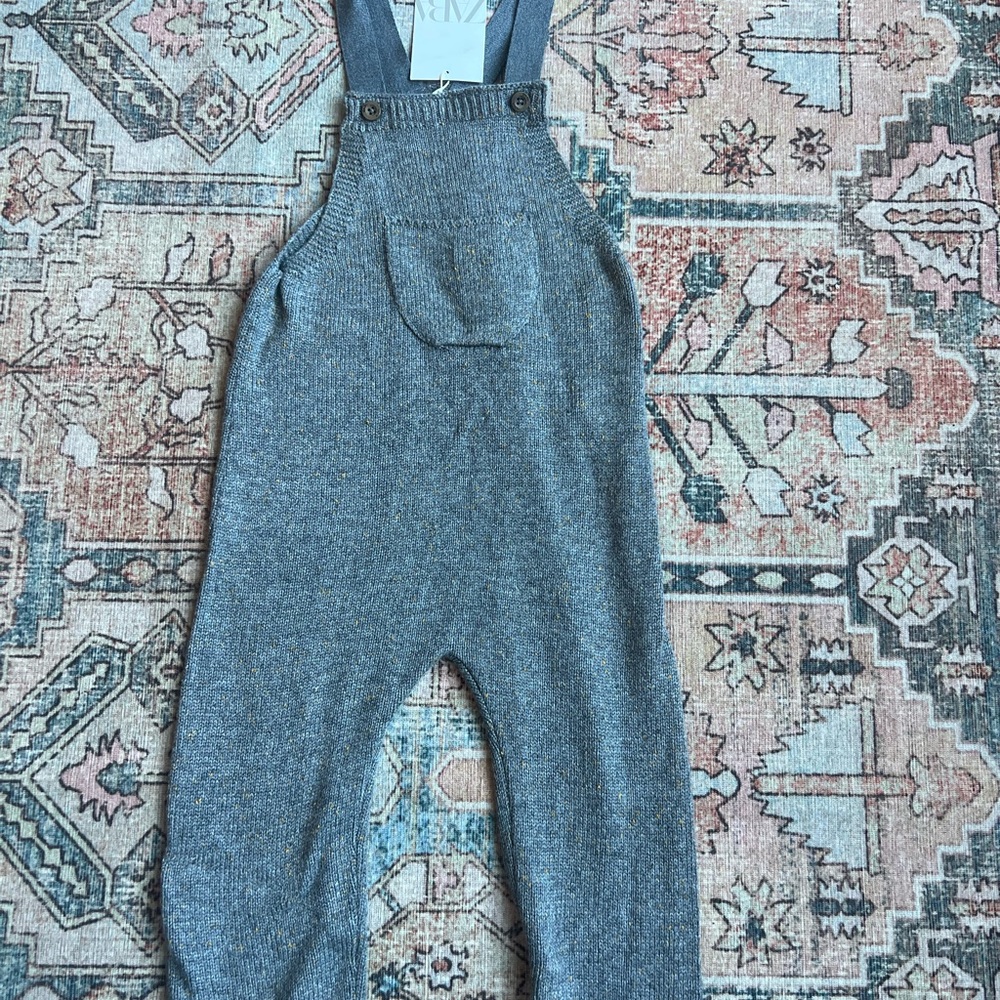 Kids Gray Knit Overalls Zara Hot air balloon patch